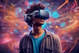 A young man wearing virtual reality glasses immersed in a vibrant 3D world, displaying a mix of awe and excitement on his face. Wires flow from the glasses, highlighting intricate technological details. Abstract shapes and images float in the background, creating a unique and immersive VR experience. 'The Future of Virtual Reality' logo appears in the bottom right corner, adding a touch of futuristic innovation.