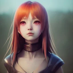 Anime girl cute neck head portrait, warrior costume, village, meditation, 8k quality