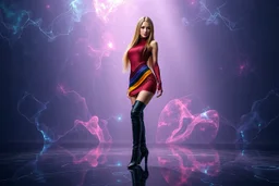 beautiful fuubody with long boots lady in sureal stage made of fractal random size sphers with helical strip colors in clothing similar to environment fullbody posing to camera