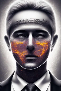 satoshi nakamoto in the bitcoin brain, Fire theme art, Dark moody night atmosphere, , 8K, close-up face, anatomically perfect face