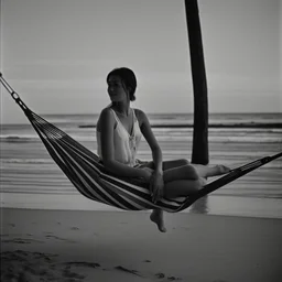 mujer sentada en una hamaca de madera en la playa, fotografía real, fotografía realizada con un cámara Fuji y objetivo de 35mm, fotografía en blanco y negro, tono años 60