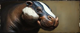 airbrush and pen outline, close up on hippo badger , pinhole cam, airbrush 3d rendering, in the style of Titian and Rembrandt , torn edges on border