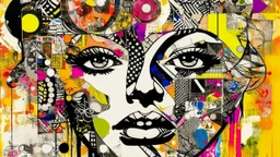 A mixed media collage featuring an abstract female figure with expressive eyes, adorned in vibrant patterns and symbols that evoke emotion., focus on face, isolated background, color splashes, scribbles, pen strokes, collage style, mixed media collage, scrapbook aesthetic, yellow-orange black purple pink white tones, vintage paper textures, hand drawn elements, playful use of shapes, bold shadows, whimsical atmosphere, textured brushstrokes, monochromatic palette, light pastel colors --ar 1:2 --