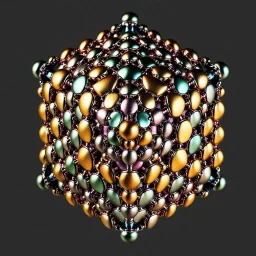 a mandelbox 3d fractal made of small metallic random color hexagons