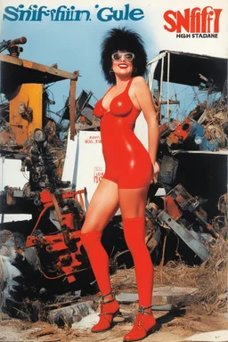 SNIFFIN’ GLUE magazine high res photo cover by Ralph Steadman: special issue #7832 (April 1983) on chainsaw to home DIY [tinkering and gardening at home], guest star: Wincey Willis, she is impressive, she stands in the junkyard a chainsaw in hand, in her red revealing swimsuit