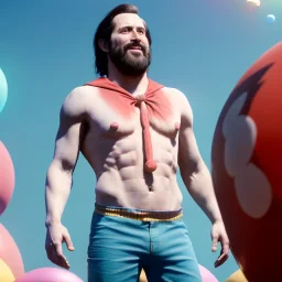 Ultra realistic circus scene. Naked stronger man, waist up view, Wes Anderson style, happy, bubbles, highly detailed, concept art, unreal engine 5, god rays, ray tracing, RTX, lumen lighting, ultra detail, volumetric lighting, 3d, finely drawn, high definition, high resolution.