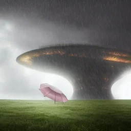 A princess standing. Epic scale. Heavy cold rain. Thunderstorm. An engineer looking up. Futuristic scenary. Gray mist.