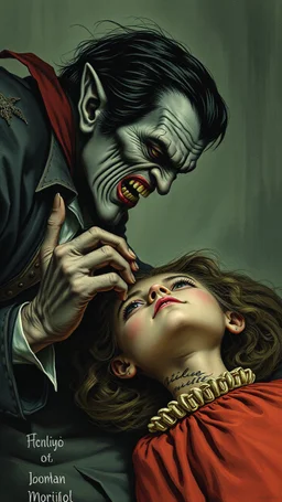 The ugly Dracula laying over a young girl try to bite her from the nick