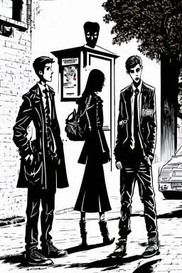 Design a detective book cover for teenagers. Three teenage detectives in the centre, one boy on her left, the girl in the centre and one on her right are on the town street. Black cat. Banksy style, modern comic book style, mysterious atmosphere,