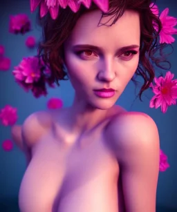 Realistic detailed perfect face portrait of a insane young beautiful woman top model in short open dress. Sensual, volumetric lighting, Unreal Engine 5, 3D Animation Quality, Octane Rendering. A masterpiece. There are water, flowers, vivid colors.