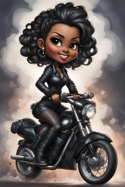 Create a digital airbrush illustration of a chibi cartoon full figure black female riding a sports motorcycle. She is wearing tie dye and black tights with biker boots. Prominent make up with log lashes and hazel eyes. Extremely highly detailed black shiny wavy hair up in a messy bun. Background of smoke surrounding her and the bike and she's at a bike show.