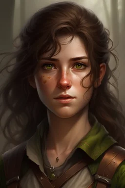 Brown haired female half-elf ranger with brown eyes and wavy hair and freckles. A small scar over her left eye