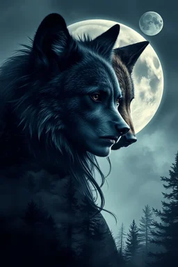 double exposure stunning woman-wolf hybrid portait, forest, moon, smoke, ultra-high detailed, deep dark colors, dark fantasy, intricate detail, cinematic, masterpiece, sharp focus, dark ethereal fantasy, hyperdetailed, atmospheric , dark surreal fantasy