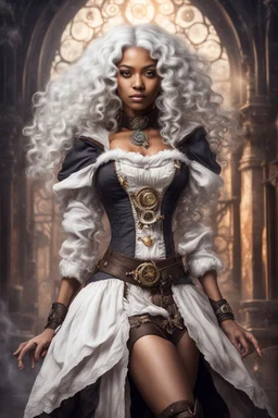 young mulatto sorceress, with wavy snow white hair, weraing s steampunk dress without hat
