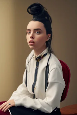 Billie Eilish, sitting on a chair, Black Short Dress, high detail, realistic, 8k