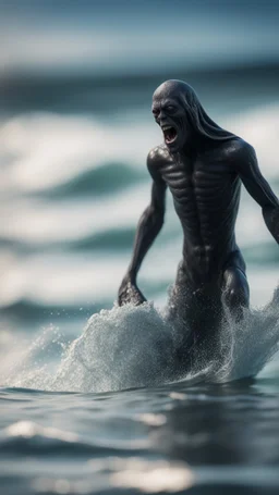 naked dementor surfing the waves unhappy about life,bokeh like f/0.8, tilt-shift lens 8k, high detail, smooth render, down-light, unreal engine, prize winning