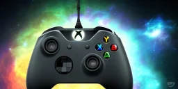 shiney xbox controller odd design. nebula backround . sunflare