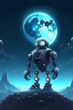 Create 2d Digital Arts of robot in the moon and sky is shinning