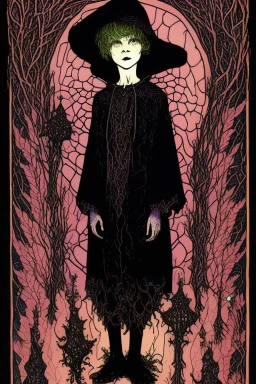 7 year old boy, necromancer, friendly, looks dead, with weird mushrooms growing out of him, wearing black robes, in the style of Harry Clarke