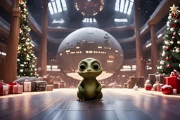 fluffy big eyed baby pixar crockodile in the big hall in second death star and a view to a star wars planet, and christmas tree and sith gifts and a space ship like star wars space ships, cinematic eye view, all sharp