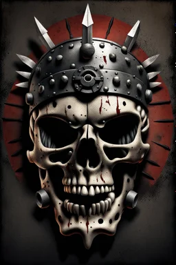 A gritty, heavy metal Background, of a Roman centurion's skull, pierced with darts, symbolizing strength and defiance. Pixar Style