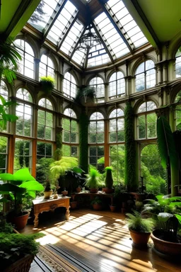 interior of Victorian forest mansion with lots of windows and vaulted ceilings and lots of plants