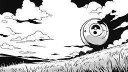 floating eye, anime, monochrome, black background, ink, simple, maximum quality, broken hinge, barely functioning, centered on frame, far view, in the middle of a grassy hill, white sky with cumulonimbus