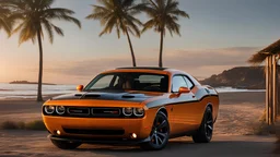 dodge challenger, orange color, black stripe, side view, photorealistic, hyperdetailed, masterpiece, very detailed, beach background, golden hour