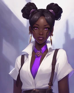 arcane tv show style, league of legends, solo, 1girl, attractive teenager, african, dark skin, dark-brown eyes, black hair, pair buns, violet strands of forehead bangs, necklace, earrings, modern makeup, (detailed skin texture), white oversize shirt