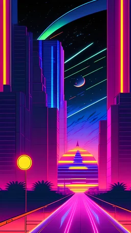 Produce an eye-catching illustration of a futuristic giant cat walking towards us with colored beams in a linear visor lens, that embodies the vaporwave style, featuring a surreal, dream-like landscape. Clear sky, city lights