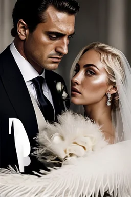 The cover features a stunning, hyper-realistic photograph with a sharp focus on the detailed attire of the mafia boss—a tailored suit exuding power and sophistication. Beside him stands the beautiful girl, her gradient lips and rosy cheeks captured in exquisite hyper-realism, their expressions evoking emotions of passion and depth. The white background accentuates the characters' striking appearances and the fine details of their outfits, creating an aesthetic contrast.