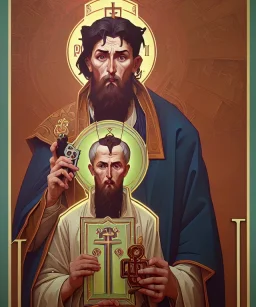 orthodox old icon with saint, patron of photographers. he is holding a camera in one hand and 35mm film in the other. Cyrillic inscriptions are the names of photographic brands. hyperdetailed, Alphonse Mucha, Zdzisław Beksiński, poster, illustration, ink, oil on canvas, 18th century atlas