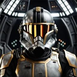 star wars bald male corellian pilot wearing gunmetal grey and black First Order special forces TIE pilot armored flightsuit and helmet with gold trim inside the jedi temple, centered head and shoulders portrait, hyperdetailed, dynamic lighting, hyperdetailed background, 8k resolution, volumetric lighting, light skin, fully symmetric details