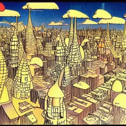 Village in the cosmos in Winsor McCay style and dr seuss style