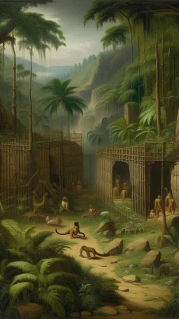 A tan prison in a dry prehistoric jungle painted by Lucas van Leyden