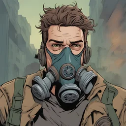 Portrait, man character with hair, gas mask, comic book illustration, post apocalypse, three quarter view, looking to the side