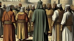 Rear view in 1490 of Andalusian men gathered around a commander in old Arab dress