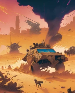A vivid, Mad Max-inspired illustration of a post-apocalyptic desert wasteland, complete with battle-scarred vehicles, fierce warriors, and a raging sandstorm in the distance, capturing the gritty, high-octane energy of action-packed films.