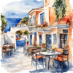 greek cafe, watercolor, Greek islands, black outline