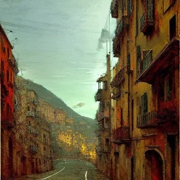 Genoa, uphill road, Ligurian architecture , by Jeremy mann, point perspective,intricate detailed, strong lines, John atkinson Grimshaw,