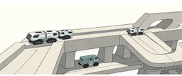 A humorous retro-futuristic safety pamphlet illustration for autonomous transport robots, titled conceptually "WHEN YOUR ROBOT GOES MAD — PLEASE REMAIN CALM". A long elevated concrete transportation structure made from repeating H-shaped slabs, viewed in a slightly isometric perspective. Two small quiet tracked robot trains travel on the two sloping outer surfaces, while a slower sophisticated maintenance vehicle operates underneath inside the structure.