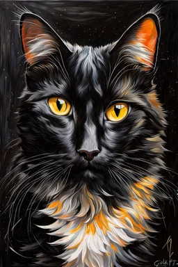 prompt: A painting that pays homage to the elegance and animal grace of a common black house cat, but also to its stealth and quickness as a dangerous predator, as demonstrated in its presence and seen in its eyes. golden intense eyes, shiny black fur