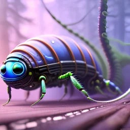 Ultra realistic centipede cyborg alien caterpillar,legs,furry,shell,in a forest with rain on Neptune,insect's in background,pixar,DreamWorks,peter mohrbacher style art,far away view,extremely sharp detail,finely tuned detail,ultra high definition,8k,unreal engine 5,ultra sharp focus,small minutiae,tiny features, particulars,detailed eyes,realistic shaded,volumetric lighting,caustics,backlight,WLOP,V-Ray Lighting,Reflections, Refraction,Intricate Details,Realistic,Sharp, Octane Render,vivid colo