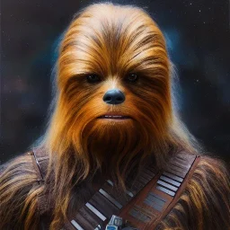 photorealistic and intricate portrait of chewbacca in star wars by Alyssa Monks, wearing beskar armor, deep dark colors, hyperdetailed, 32K, oil on canvas,