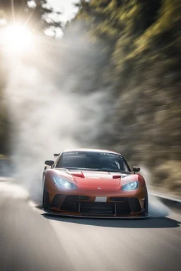 Facing front Sports car drifting around a corner, motion blur, narrow depth of field, lens flare, dynamic angle, asphalt spray, high octane energy