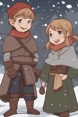 DnD style, two medieval peasant kids playing in the snow male and female, age 14 and 15, happy and playful