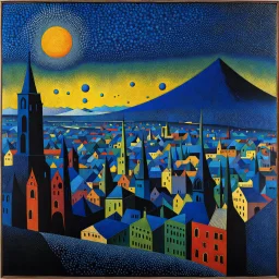 City with many colors, solchi e rilievi, dark blue decal pointillism Max Ernst