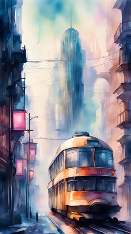 city view in fantasy cyberpunk style with famous tram, watercolour