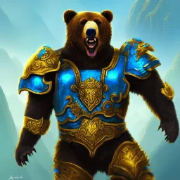 An angry bear warrior in blue and gold armor, background of Inka jungle, high detail, smooth, realistic, digital illustration, Artstation, artgerm,