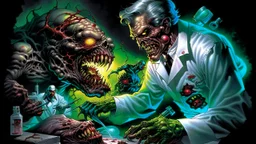 High_Quality_Art Digital Painting of Science experiment Horror surgeon Monster zombie creature by Richard Corben, Todd Schorr, T-Shirt Design, Black Background,